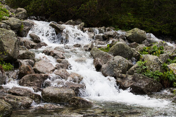 Mountain waterfall, visible flowing water bouncing on the rocks.