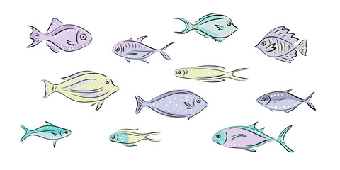Vector set that represent various sea animals. Abstract decorative cute fish illustration in hand drawing or cartoon style. Graphic design elements for print and web.