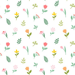 Seamless pattern with flat flowers and leaves on white background. Great for wallpapers, postcards, wrapping paper, fabric and others.