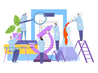 Analysis research in laboratory, vector illustration. Biology scientist character around large microscope, conduct experiment. Cartoon medical test, chemistry discovery and notes report.