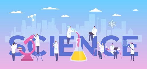 Clinical research laboratory drug, doctor teamwork vector illustration. Man and woman in medical gown conducting experiment, chemical reactions. On enlarged book, with large flask and microscope.
