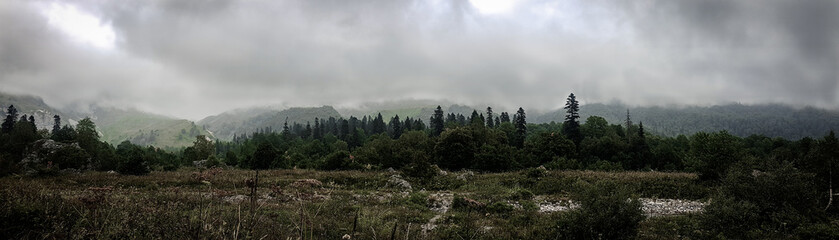 Panorama of a tourist camp at the foot of Mount Fisht