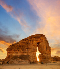 Elephant rock outcrop geological formation at Sunset near Al Ula, Saudi Arabia