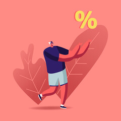 Tiny Male Character Hold Huge Percent Sign. Total Sale Discount and Price Off Day Concept. Businessman and Shop Special Offer, Shopping Tour Promotion Activity, Bank Loan. Cartoon Vector Illustration