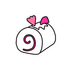 White cake roll with pink hearts.