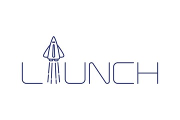 Space rocket launch icon with quote. Blue thin line style logo. Flat style launch sing with text isolated on white background.