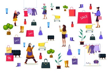 Customer people with smartphone in store, vector illustration. Flat woman character shopping, business shop elements. Packages, trolley, sale clothes on hangers, bags and cosmetics around buyer.
