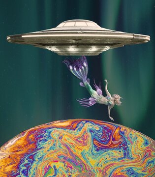 Surrealistic collage referencing to alliens