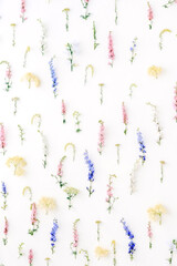 A lot of flowers of different colors fixed on a wall of white, blue, pink, yellow colors. Home decor background. Flower multicolored installation. Selective focus.