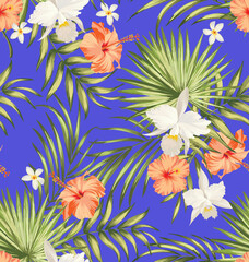 Exotic seamless vector pattern with hibiscus, orchid and palm leaves. Tropical summer print.