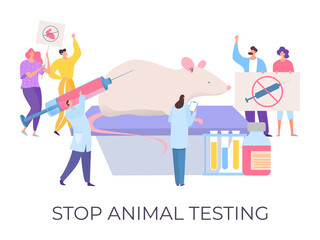 Stop animal testing, demonstration against cruelty, vector illustration. Flat people crowd character hold signs to stop toxic cosmetics chemical test on mouse, bunny. Protest against laboratory work.