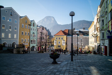 Fototapeta na wymiar Urban cityscape with town square and old traditional houses in Kufstein city, Austria.