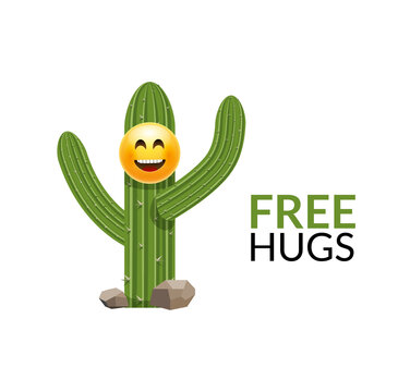 Cactus free hugs print illustration funny cute cartoon slogan. Cactus tree hug art design