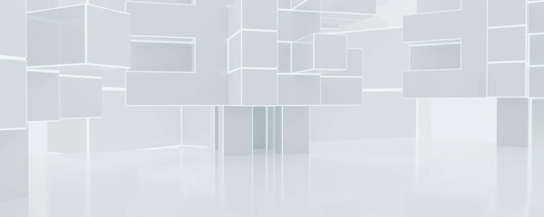 futuristic modern mirror architecture cube random geometric shape rendering illustration 3d