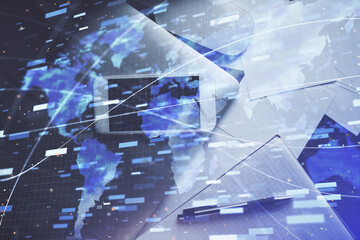 Double exposure of technology theme drawing over work table desktop. Top view. Global data analysis concept.
