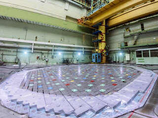 Nuclear power plant. Central hall of the nuclear reactor, reactor lid, maintenance and replacement...