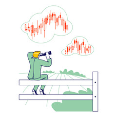 Businessman Character Sitting on Fence Look in Binoculars on Clouds with Stock Market Candles Perform Currency Prices. Financial Trading Forecast, Strategy. Man on Fencing. Linear Vector Illustration