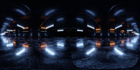 360 full equirectangular panorama black futuristic mirror architecture space ship technology 3d rendering illustration