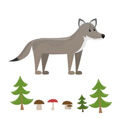 funny smiling standing wolf from side with forest elements (tree, mushroom) isolated on white background, cute vector illustration for children