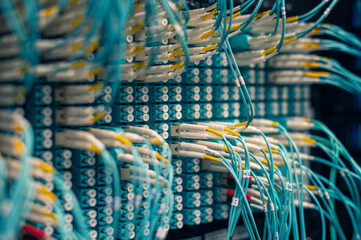 Fiber optic cables and connectors in a data center network patch panel