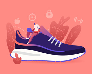 Sportswear and Smart Shoes for Training Concept. Tiny Sportsman Character Sitting with Laptop on Huge Sneaker. People Buying and Wearing Sportive Footgear, Technologies. Cartoon Vector Illustration