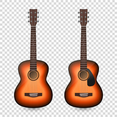 Obraz na płótnie Canvas Vector 3d Realistic Classic Old Retro Acoustic Brown Wooden Guitar Icon Set Closeup Isolated on Transparent Background. Design Templte, Mockup, Clipart. Musical Art Concept