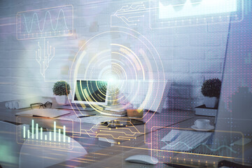 Double exposure of data theme drawing and office interior background. Concept of technology.