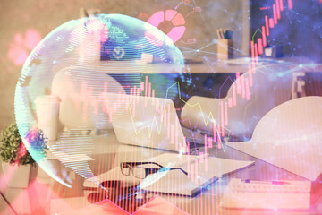 Double exposure of business theme drawing and office interior background. Concept of success