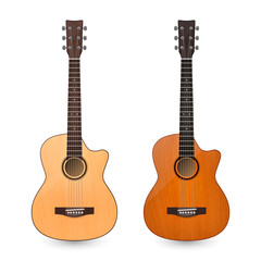 Obraz premium Vector 3d Realistic Classic Old Retro Acoustic Brown Wooden Guitar Icon Set Closeup Isolated on White Background. Design Templte, Mockup, Clipart. Musical Art Concept