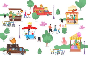 Fastfood cafe outdoor, vector illustration. Street food truck business at park, selling meal snack cartoon van. Man woman people character buy pizza, bbq, pastry, frnch fries, ice cream and coffee.