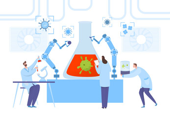 Virus research scientist laboratory, teamwork concept vector illustration. Medical worker conduct experiment on disease microbe, chemical reactions. Research for development vaccines, drugs.