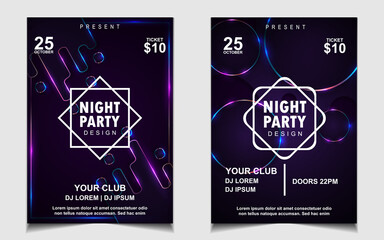 Fototapeta na wymiar Night dance party music poster flyer layout design template background with neon light and dynamic style. Colorful electro style vector for concert disco, club party, event invitation, cover festival