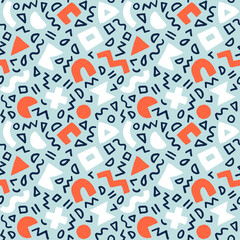 Vector seamless pattern with geometric shapes and brushstrokes. Abstract background with Scandinavian cut out elements.