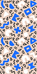 Vector seamless pattern with geometric shapes and brushstrokes. Abstract background with Scandinavian cut out elements.