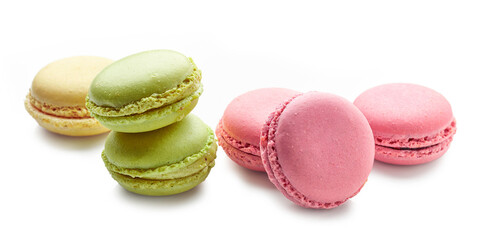 various macaroons on white background