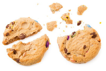 Chocolate chip cookies isolated on white background. Sweet biscuits. top view