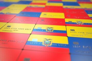 National flag of Ecuador on credit cards. Banking related 3D rendering