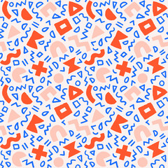 Vector seamless pattern with geometric shapes and brushstrokes. Abstract background with Scandinavian cut out elements.