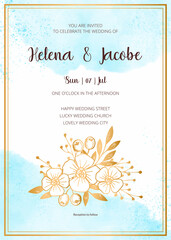 Wedding invitation card, save the date with watercolor background, golden frame, flowers, leaves and branches.
