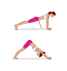 Girl is training at home. Stretching the muscles of the legs and spine. Exercises and gymnastics. Isolated on a white background