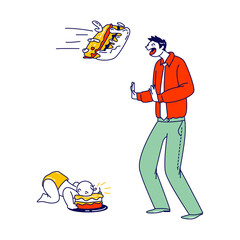 Male Character Protect from Cake Flying in his Face. Funny Baby First Birthday Celebration, Child Eating Pie with Hands Put Face into Cream. Crazy Surprise Concept. Linear People Vector Illustration