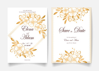 Wedding invitation card, save the date with golden frame, flowers, leaves and branches.
