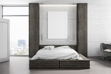 Contemporary bedroom with recycled pallet bed and blank billboard