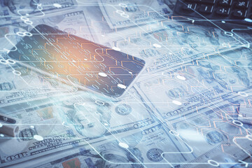 Double exposure of data theme drawing over us dollars bill background. Technology concept.