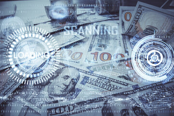 Double exposure of data theme drawing over us dollars bill background. Technology concept.