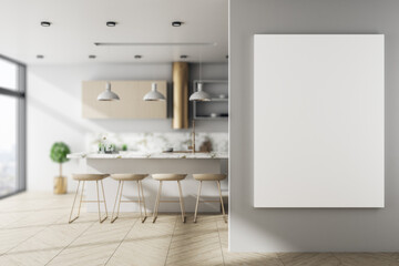 Modern kitchen interor and blank white banner on wall