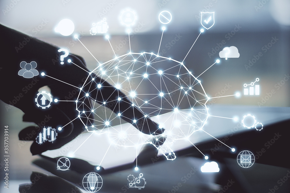 Poster Hand using tablet with creative ai circuit brain and icons