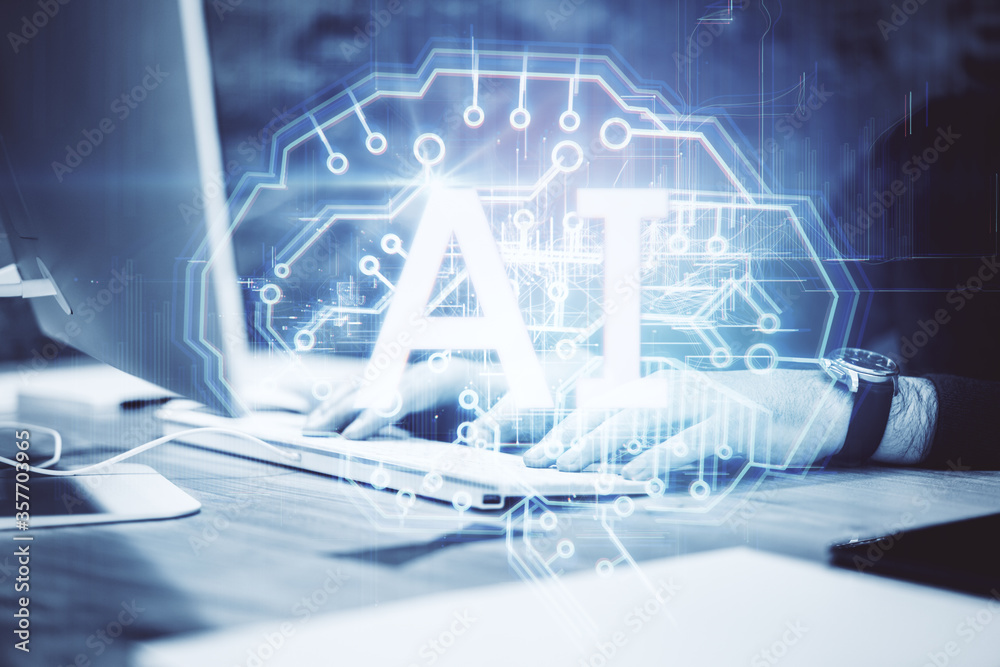 Poster Close up of hands using personal computer with AI hologram.