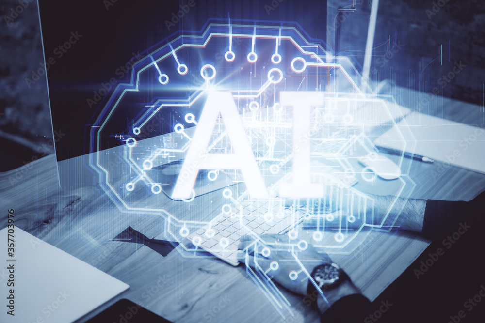 Poster Hands using personal computer with AI hologram.