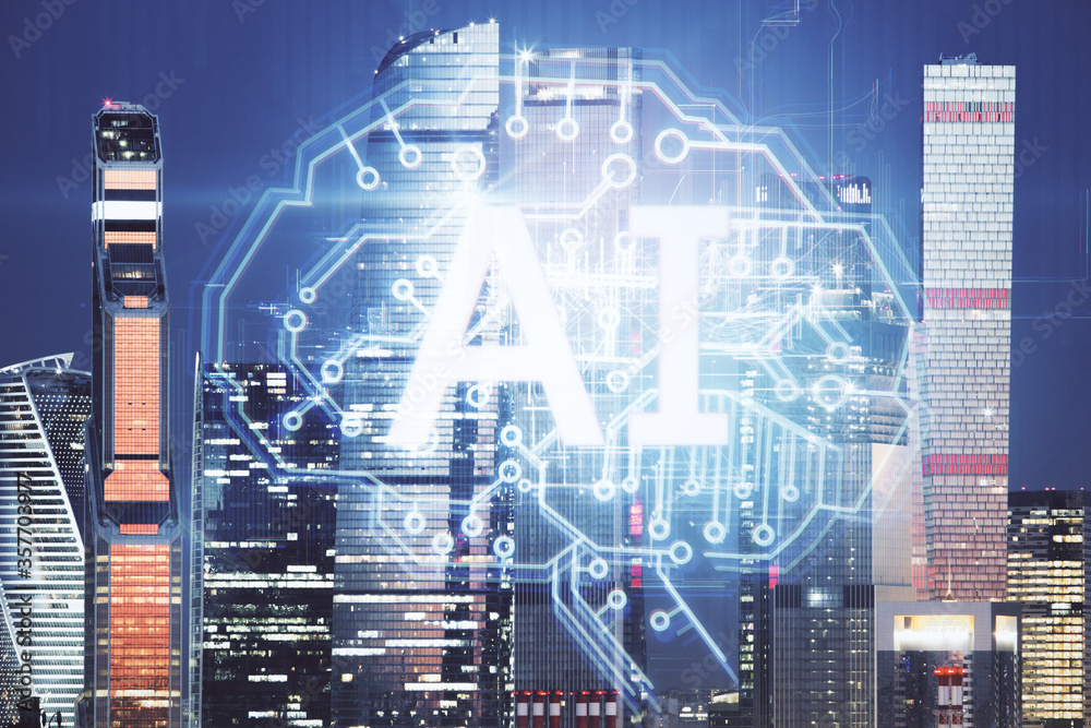 Poster creative city background with ai brain interface.
